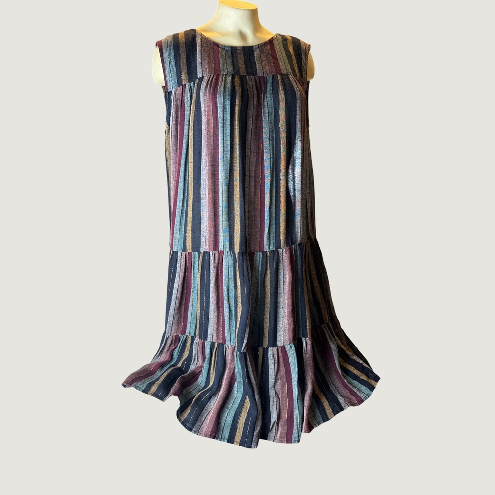 Velvet by Graham & Spencer Striped Linen Lurex Tiered Dress Medium Made in USA